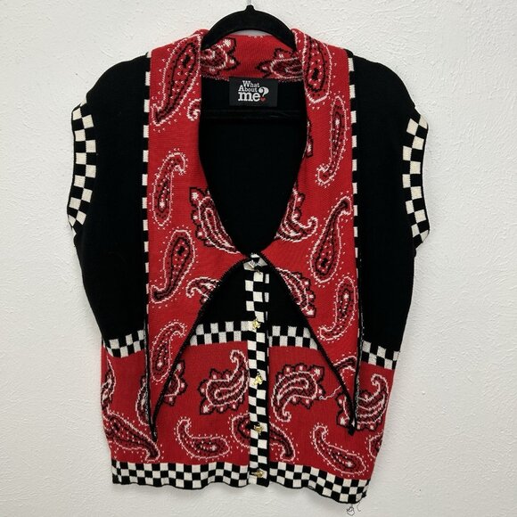 VTG 90s Red Paisley Black White Checkered Vest Artsy, Unique Buttons Quirky 2XL - Picture 1 of 11